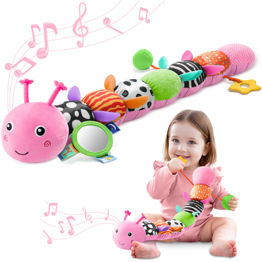 AWOTOY candy-pink caterpillar musical toy calms baby during playtime.