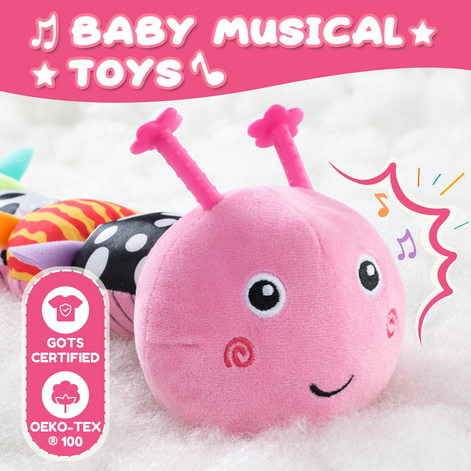 AWOTOY caterpillar crinkle wings stimulate tactile exploration during tummy time.
