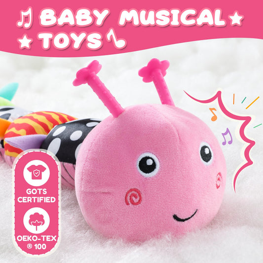 AWOTOY caterpillar crinkle wings stimulate tactile exploration during tummy time.