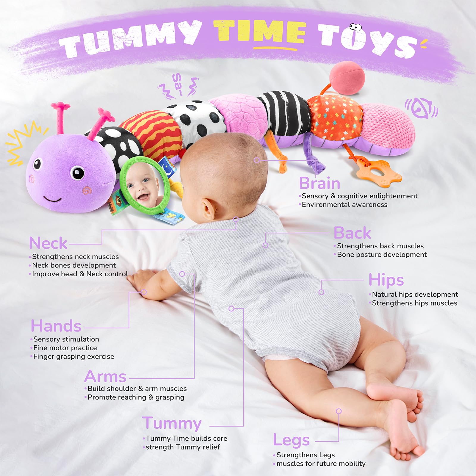 AWOTOY caterpillar mirror feature supports visual tracking during tummy time