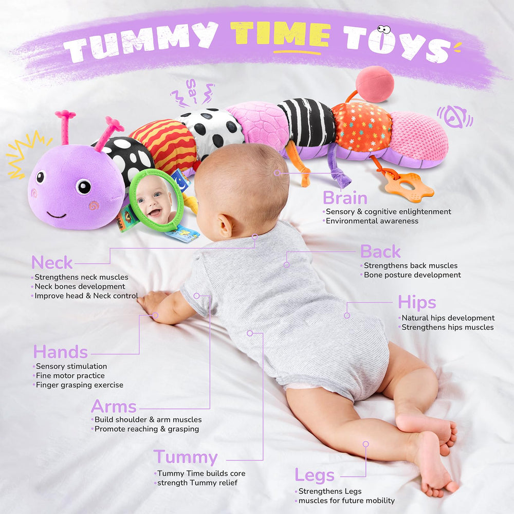 AWOTOY caterpillar mirror feature supports visual tracking during tummy time