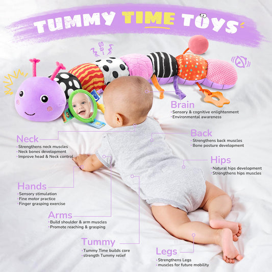 AWOTOY caterpillar mirror feature supports visual tracking during tummy time