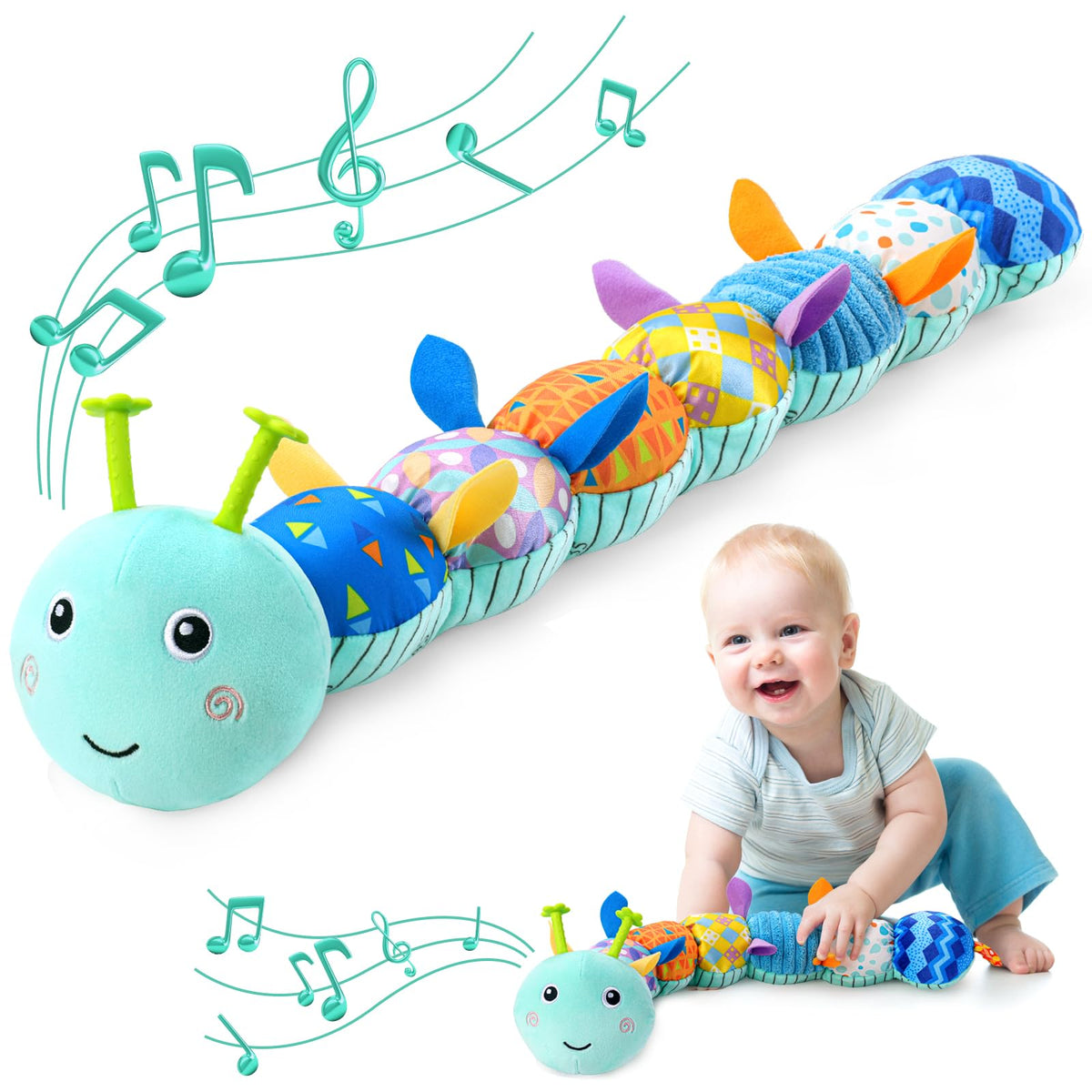 AWOTOY caterpillar musical toy front view with soothing lullaby for newborns.