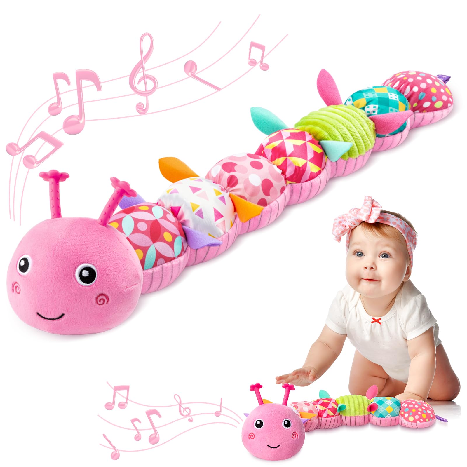 AWOTOY Caterpillar musical toy in pink with crinkle textures promotes sensory exploration.