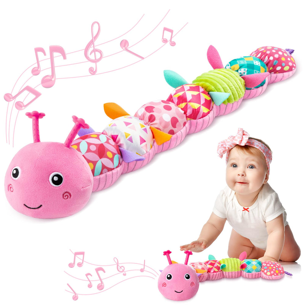 AWOTOY Caterpillar musical toy in pink with crinkle textures promotes sensory exploration.