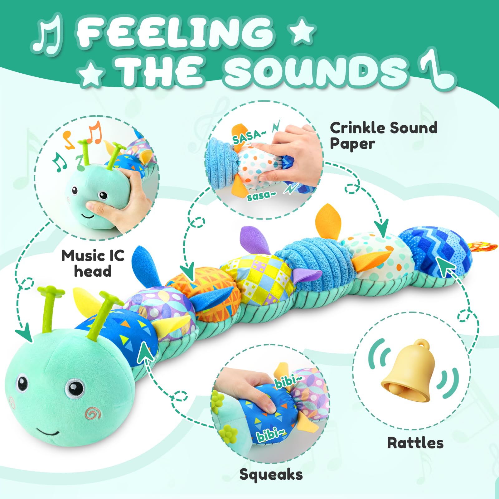 AWOTOY caterpillar toy sensory crinkle texture enhances tactile exploration.