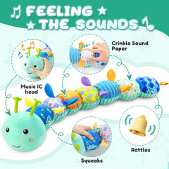 AWOTOY caterpillar toy sensory crinkle texture enhances tactile exploration.
