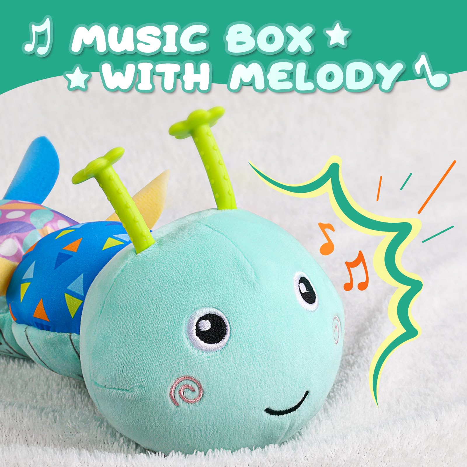 AWOTOY caterpillar musical toy side view promotes tummy time exploration.