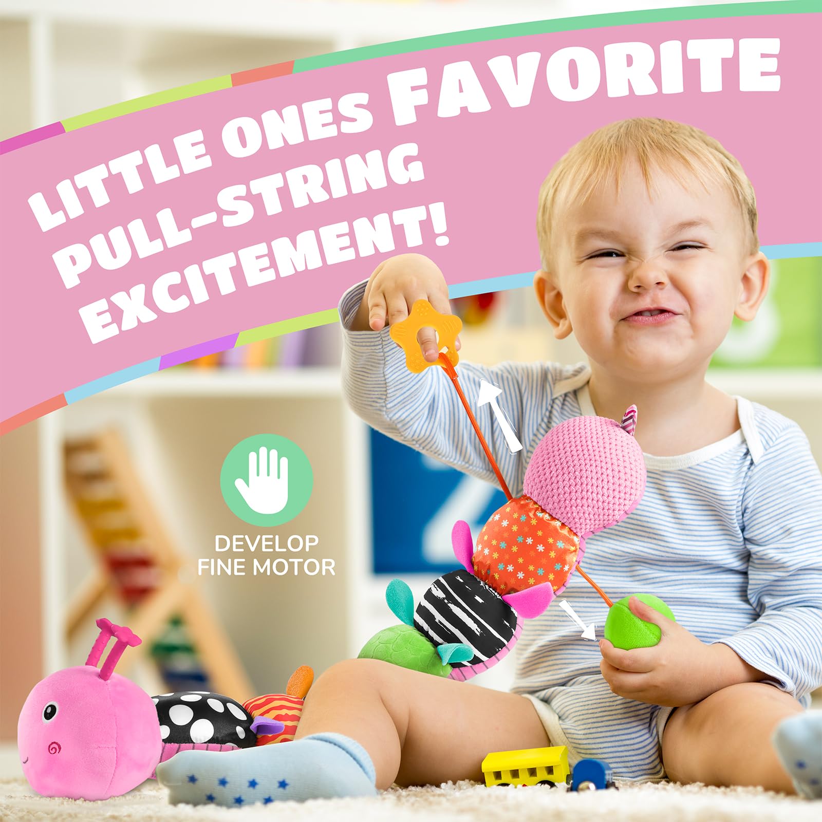 AWOTOY Caterpillar pull-string toy encourages reach and grasp during playtime