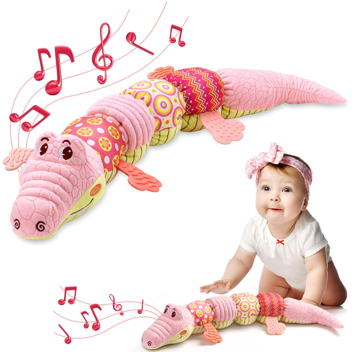 AWOTOY crocodile musical toy pink closeup highlights soft textures for tactile exploration.