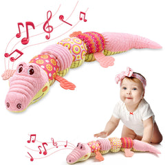 AWOTOY crocodile musical toy pink closeup highlights soft textures for tactile exploration.