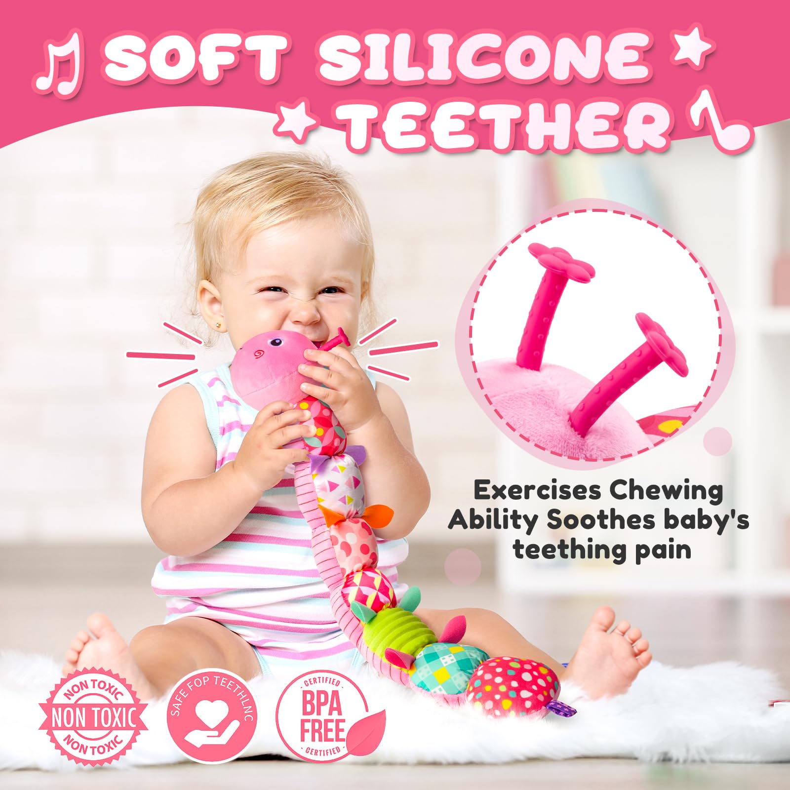 AWOTOY Caterpillar tail bell captures baby's attention and auditory development.