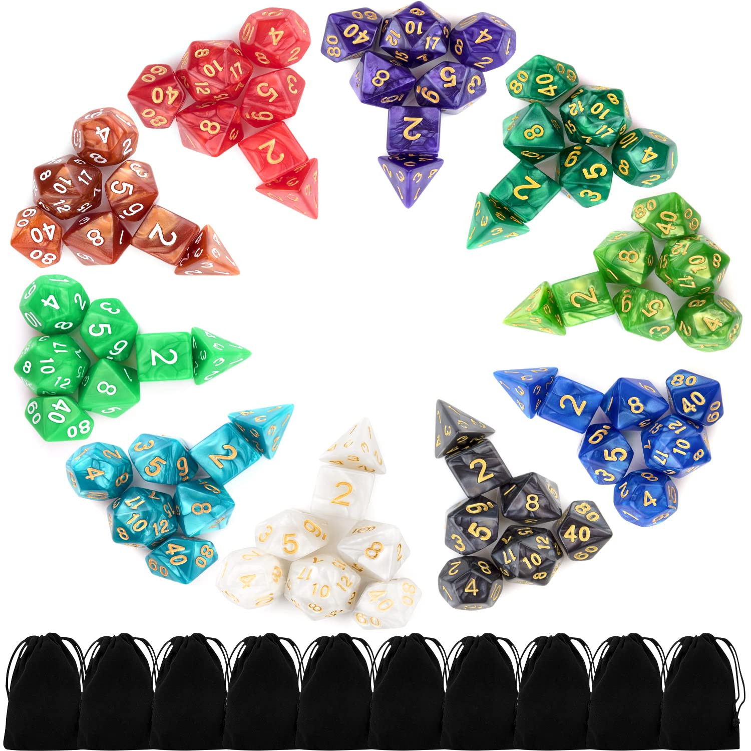 Awpeye 10x7 dice set with colorful numbers and clear gold white lettering for easy reads.