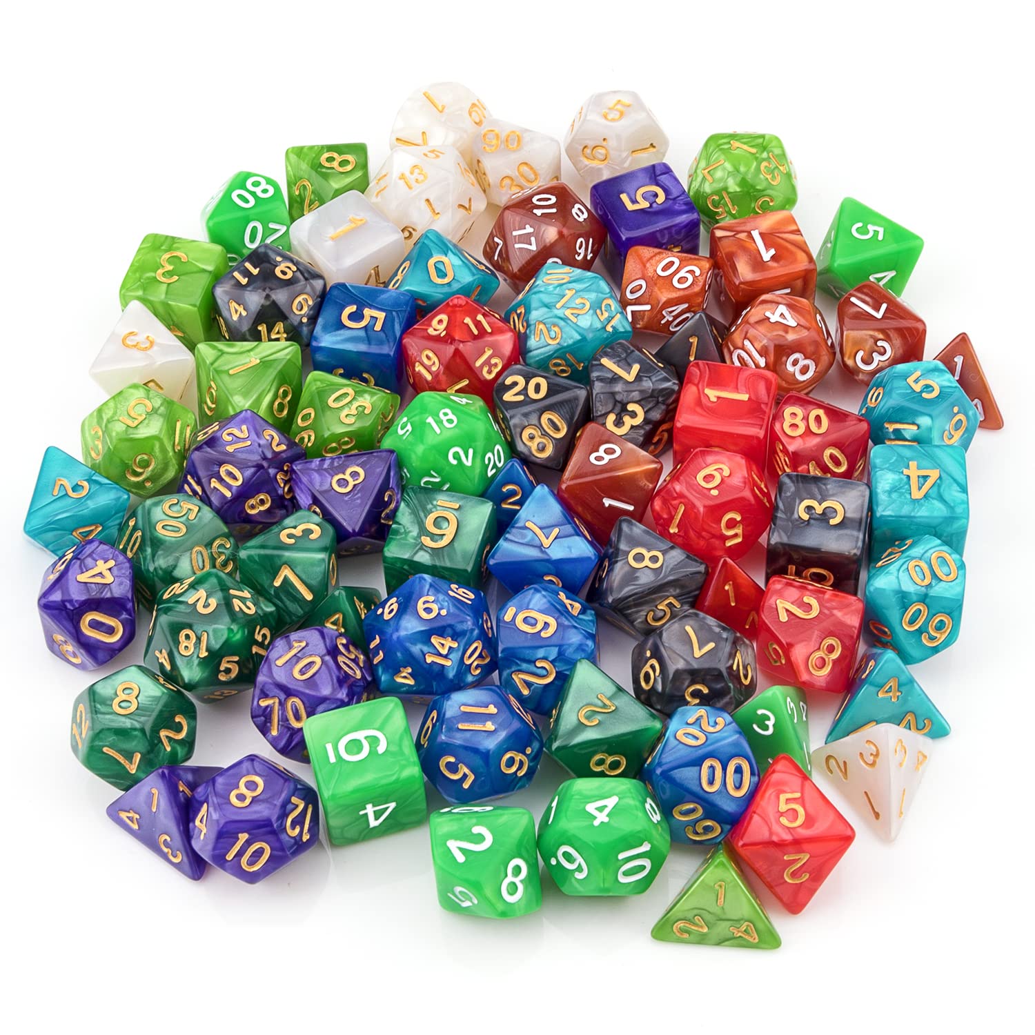 Awpeye dice set featuring gold and white lettering for high readability on every face.