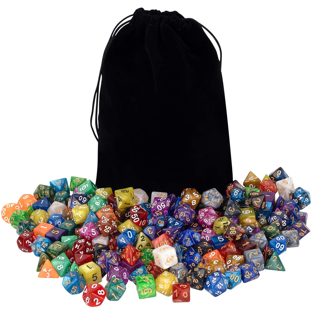 Awpeye seven-die polyhedron set ready for D&D and MTG