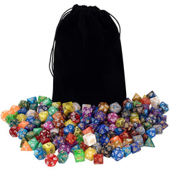 Awpeye seven-die polyhedron set ready for D&D and MTG