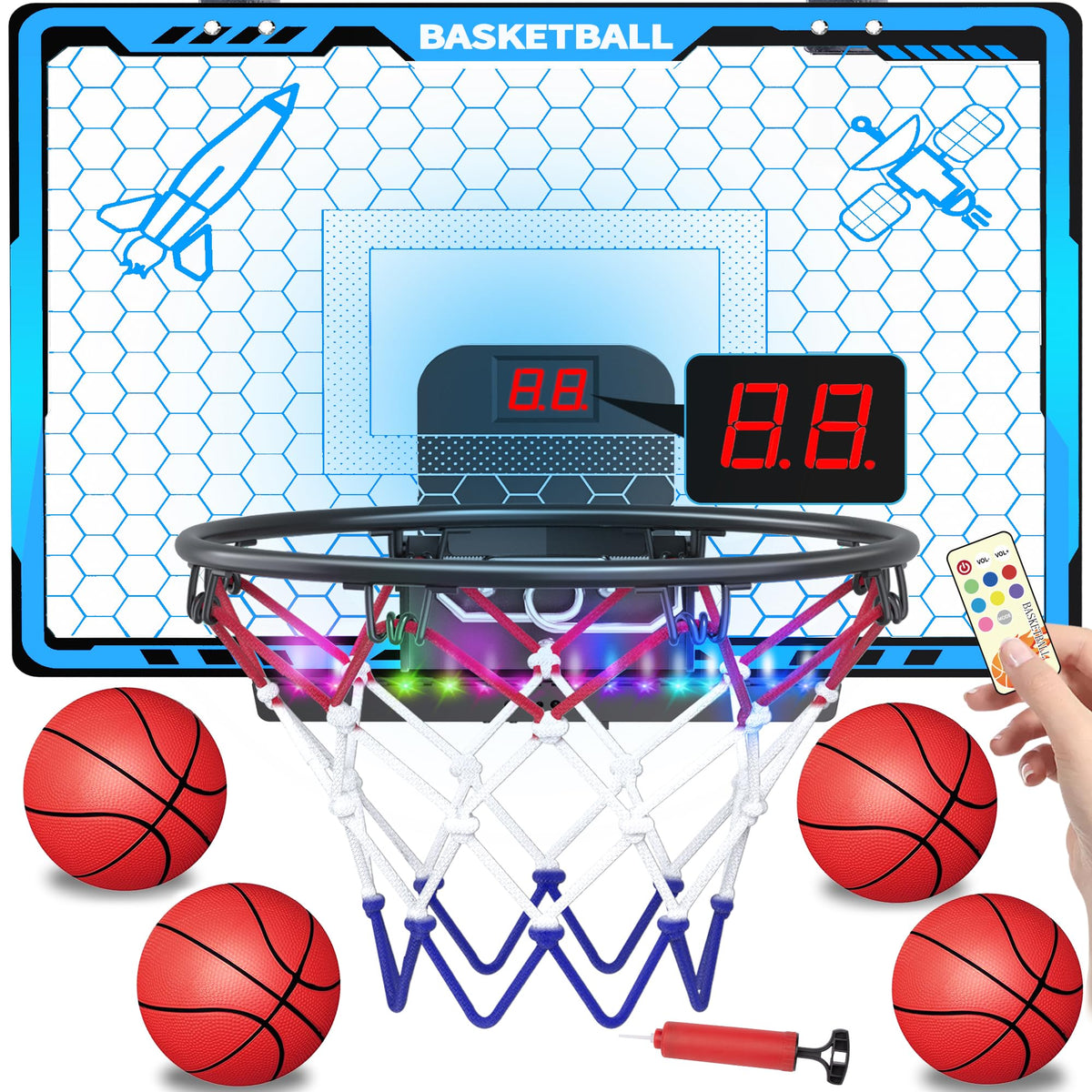 Awsoo mini basketball hoop with blue LED scoreboard for kids' indoor play