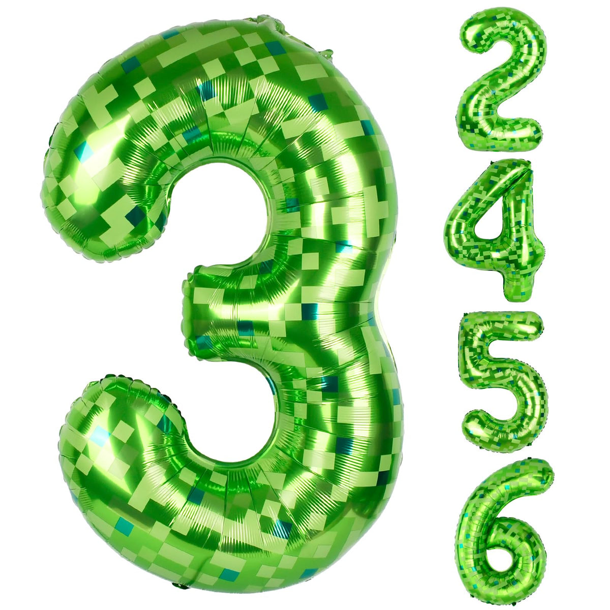 AXBMM 40-inch green pixel miner number balloon 3 front view, immersive party decor option.
