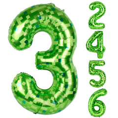 AXBMM 40-inch green pixel miner number balloon 3 front view, immersive party decor option.