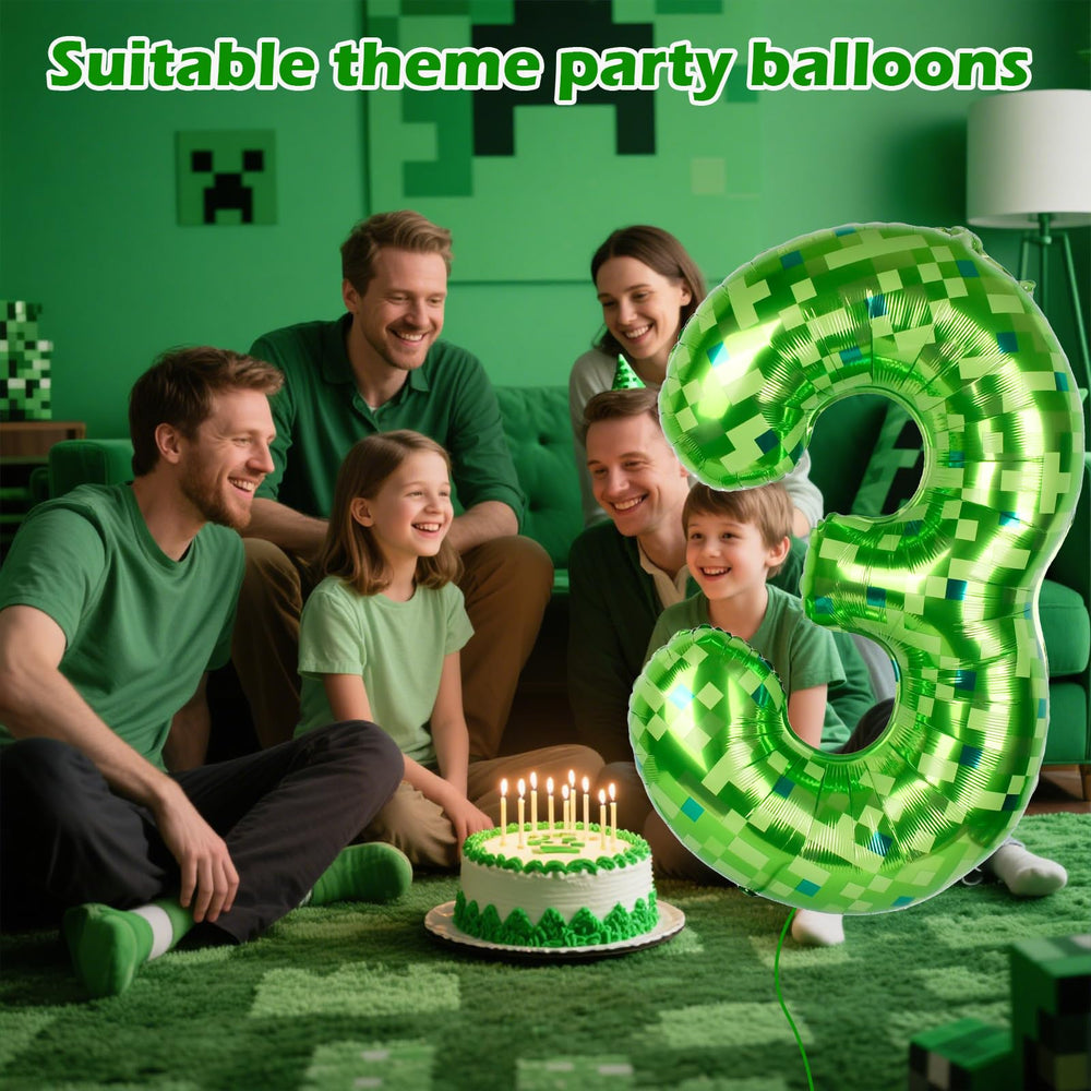AXBMM 40-inch green pixel miner number balloon 3 inflated close-up, foil finish visible.