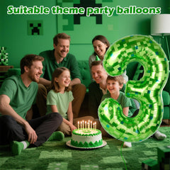 AXBMM 40-inch green pixel miner number balloon 3 inflated close-up, foil finish visible.