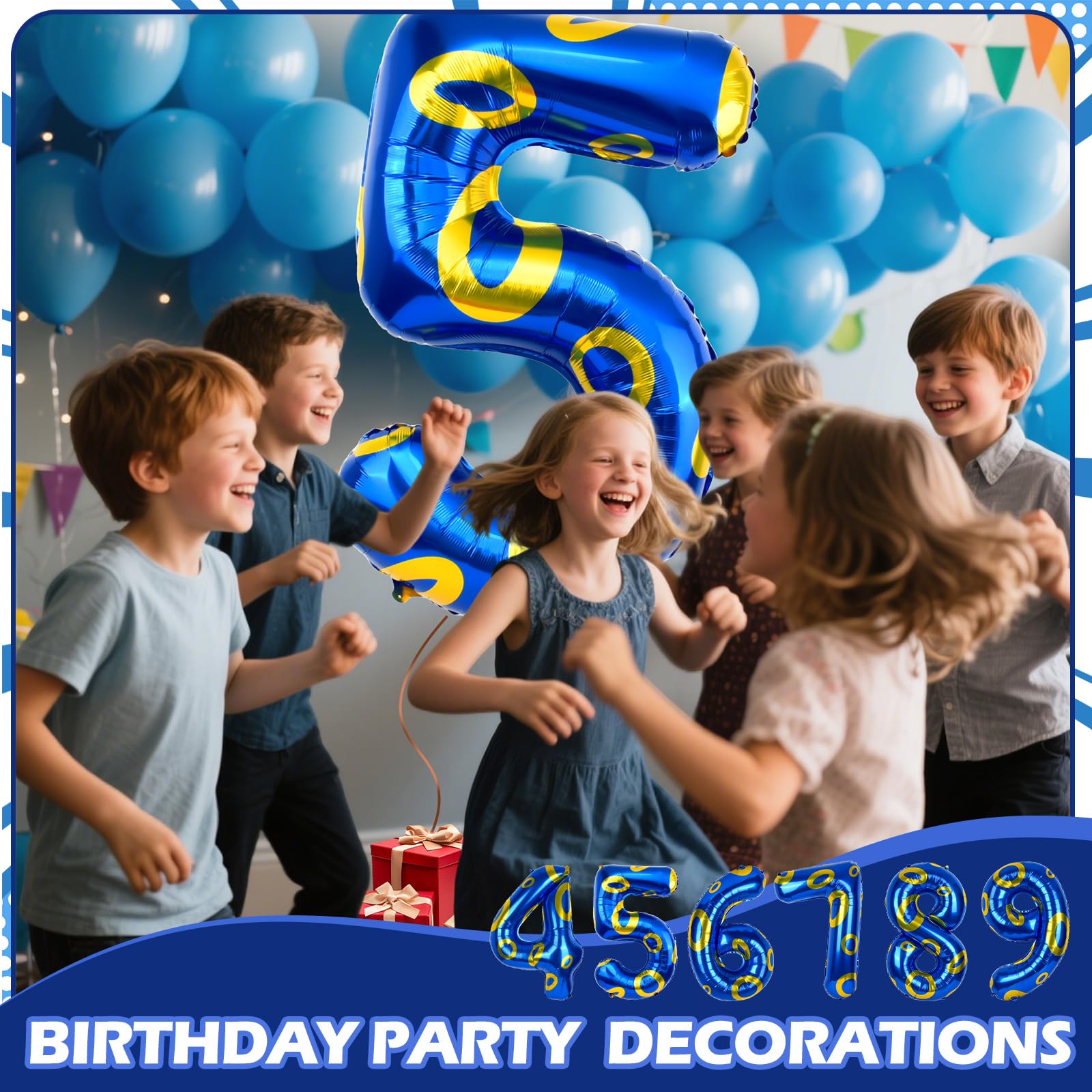 AXBMM blue and gold ring theme balloon as a party backdrop focal point