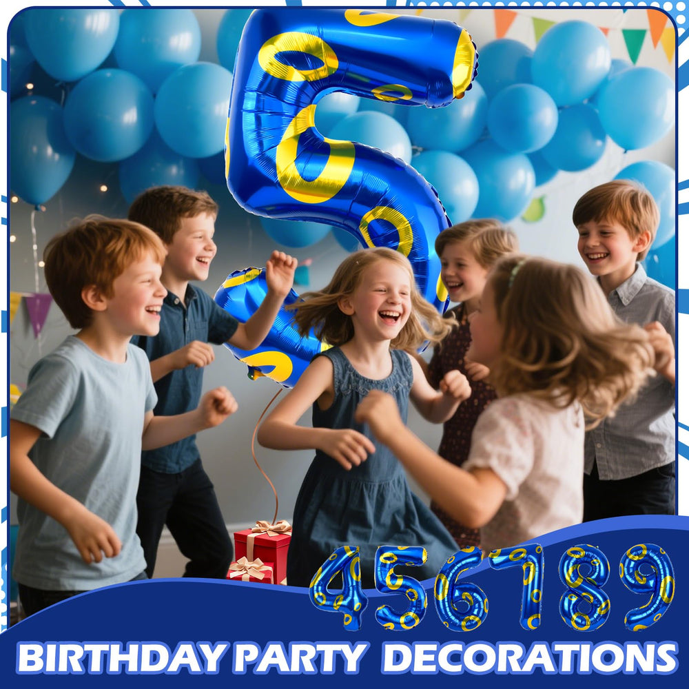 AXBMM blue and gold ring theme balloon as a party backdrop focal point