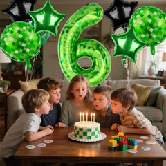 AXBMM 18 inch green pixel pentacle balloon anchors the party backdrop.