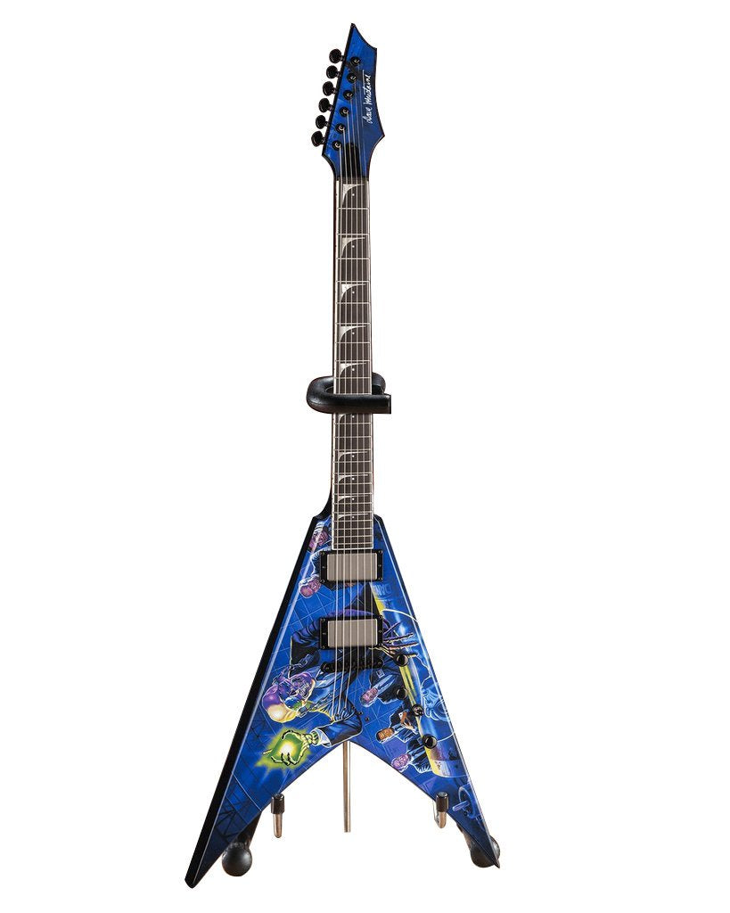 A close-up of the Axe Heaven Megadeth mini guitar with stand for desk display
