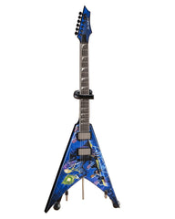 A close-up of the Axe Heaven Megadeth mini guitar with stand for desk display