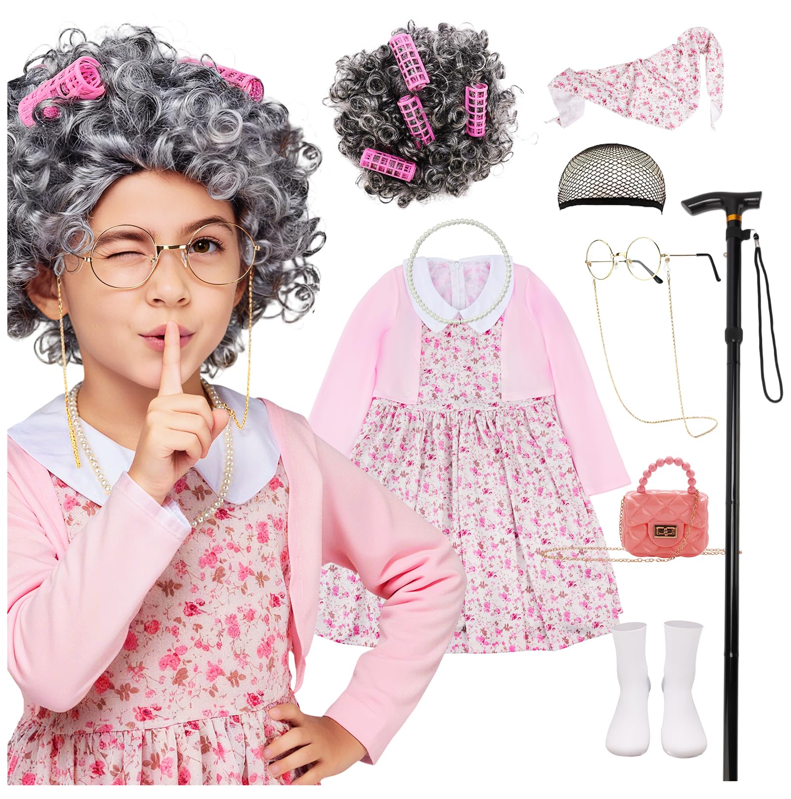 AXINYINGESS 100 Days Old Lady wig for kids, quick costume transformation