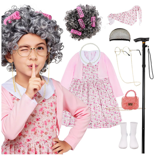 AXINYINGESS 100 Days Old Lady wig for kids, quick costume transformation