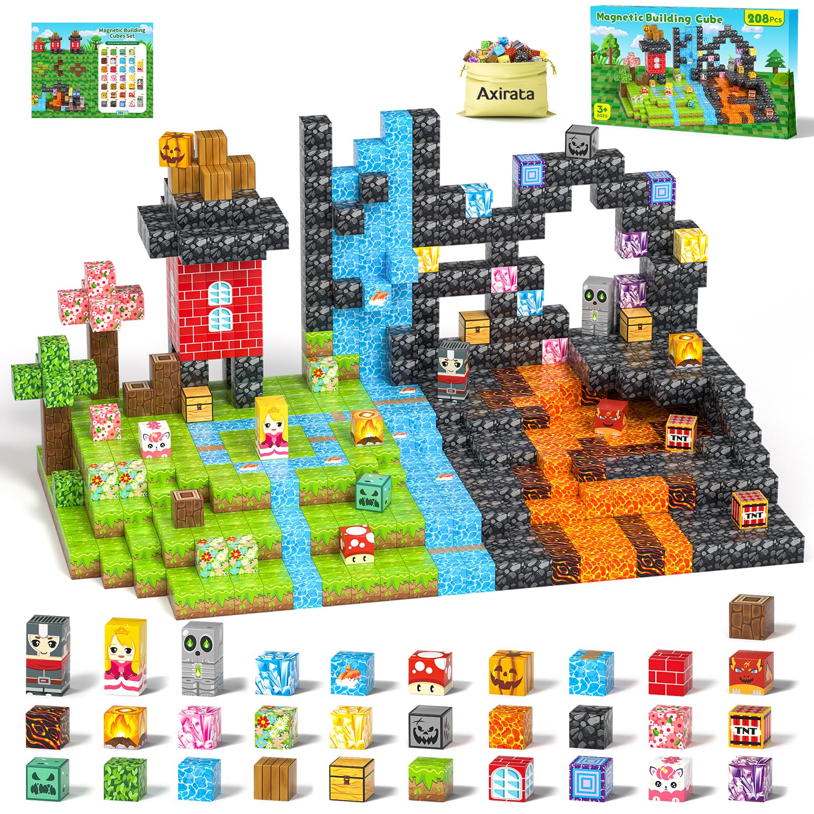 Axirata 208-piece magnetic blocks form forest world scene for creative play.