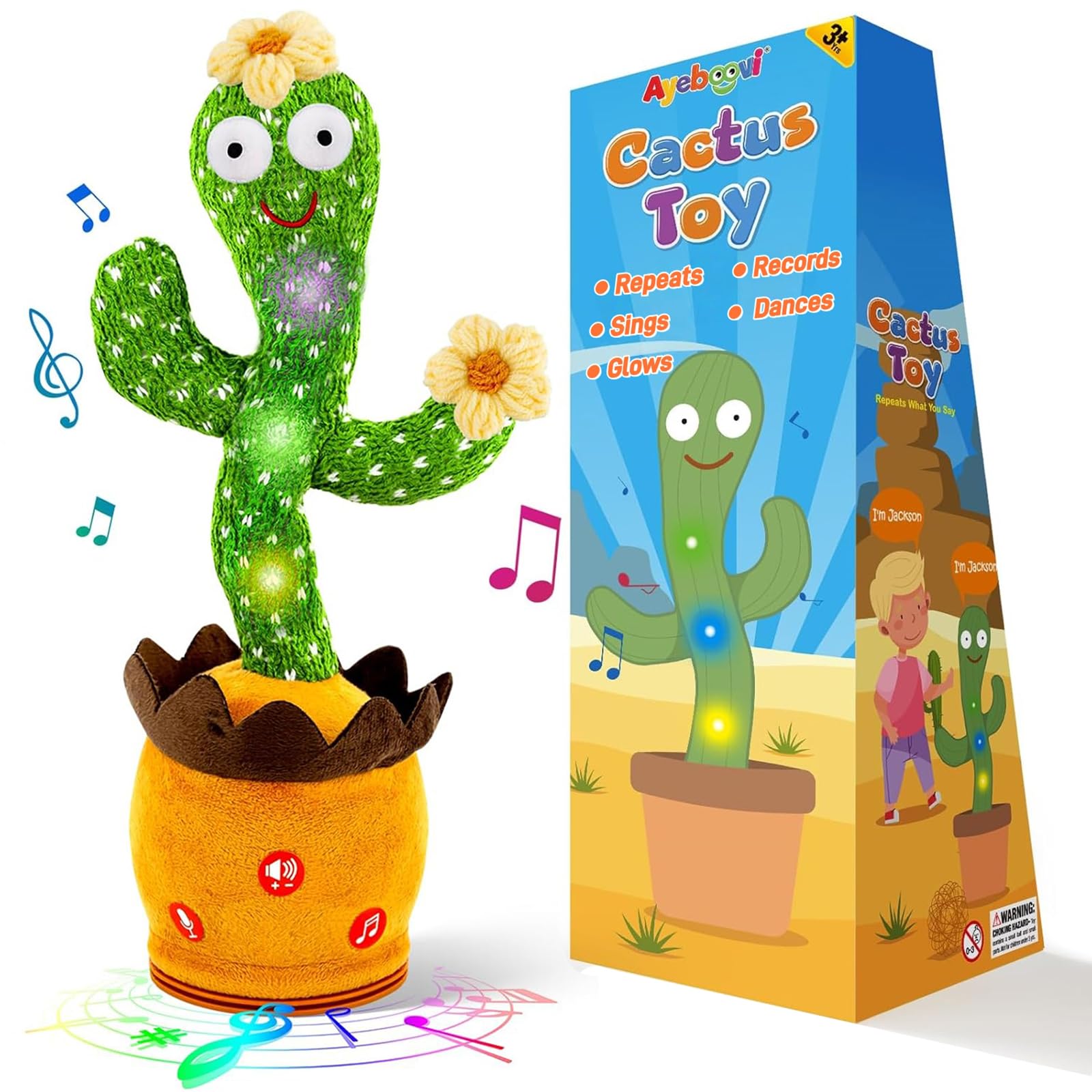 Ayeboovi Dancing Talking Cactus front view promotes interactive play for kids.