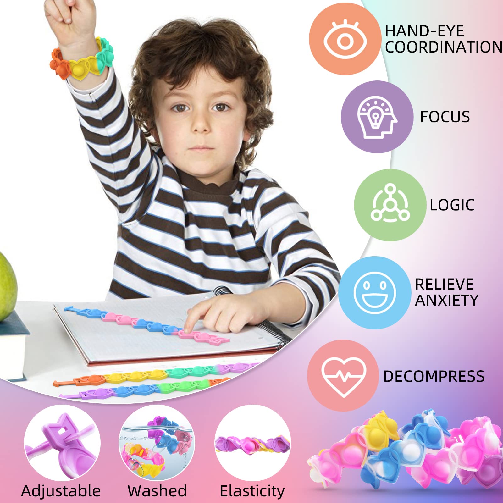 AYGXU silicone pop bracelet closeup shows durable, washable texture.