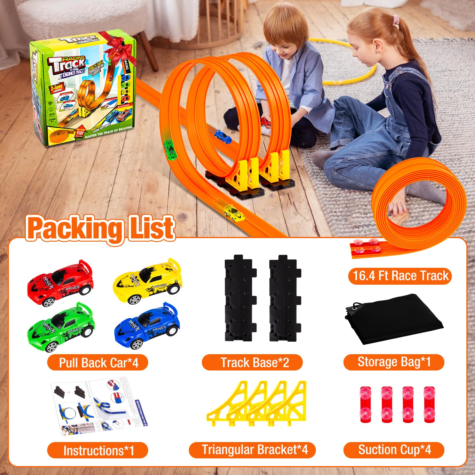 Aywewii box contents displayed with track and cars for quick setup