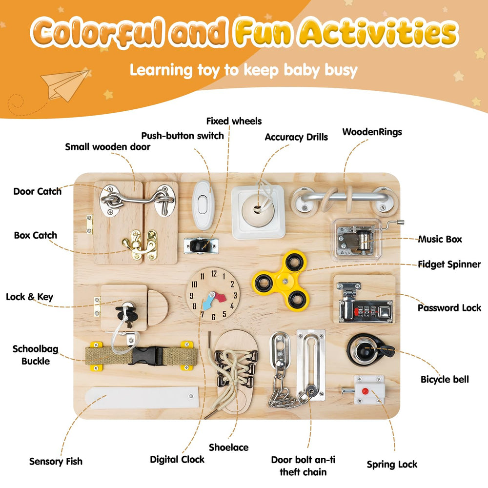 Azoravio 18-in-1 activity board closeup highlighting diverse activities for cognitive growth.