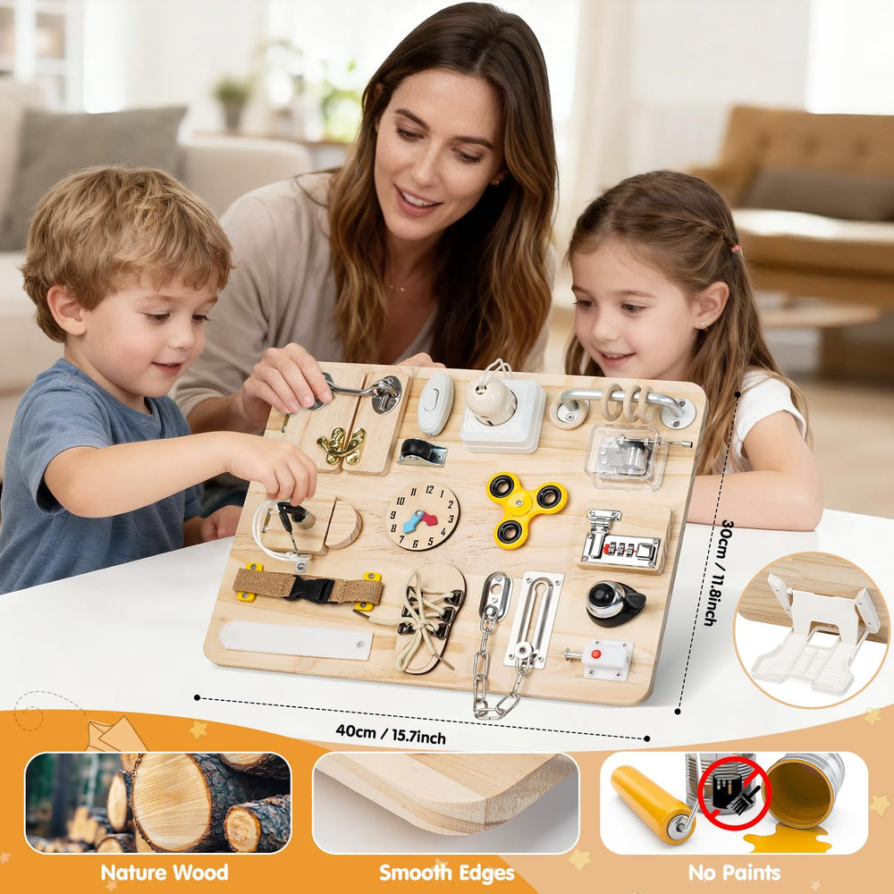 Azoravio Busy Board gift-ready packaging shown as a thoughtful developmental gift.