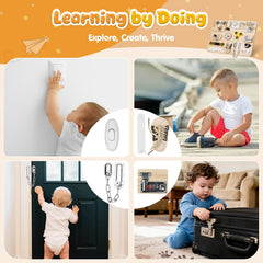 Azoravio Busy Board natural wood finish seen, a safe, non-toxic learning toy.