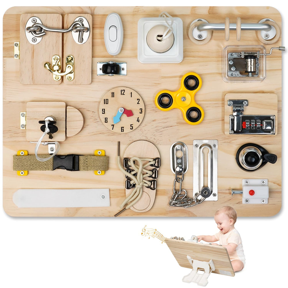 Azoravio Busy Board wooden closeup showing natural finish and tactile elements for motor skills development.