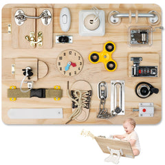 Azoravio Busy Board wooden closeup showing natural finish and tactile elements for motor skills development.
