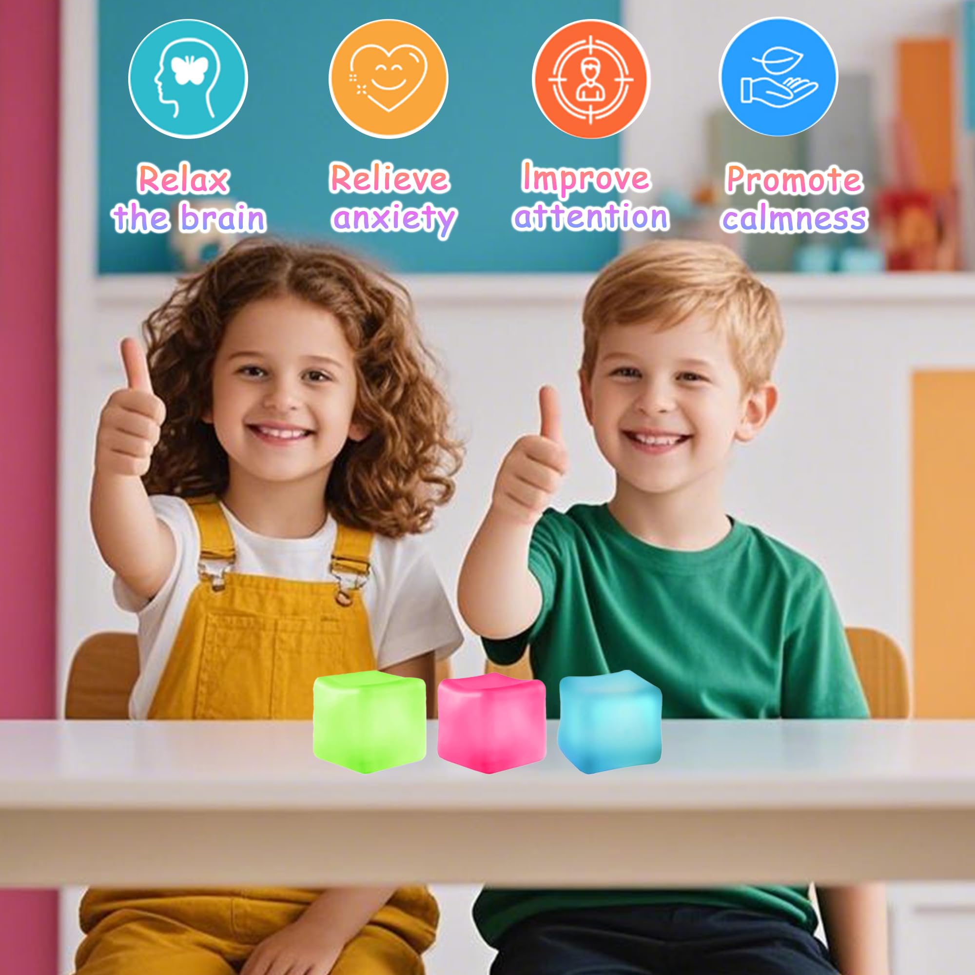 Azurphoric stress cubes packaging: 3-piece set in blue, green, pink.