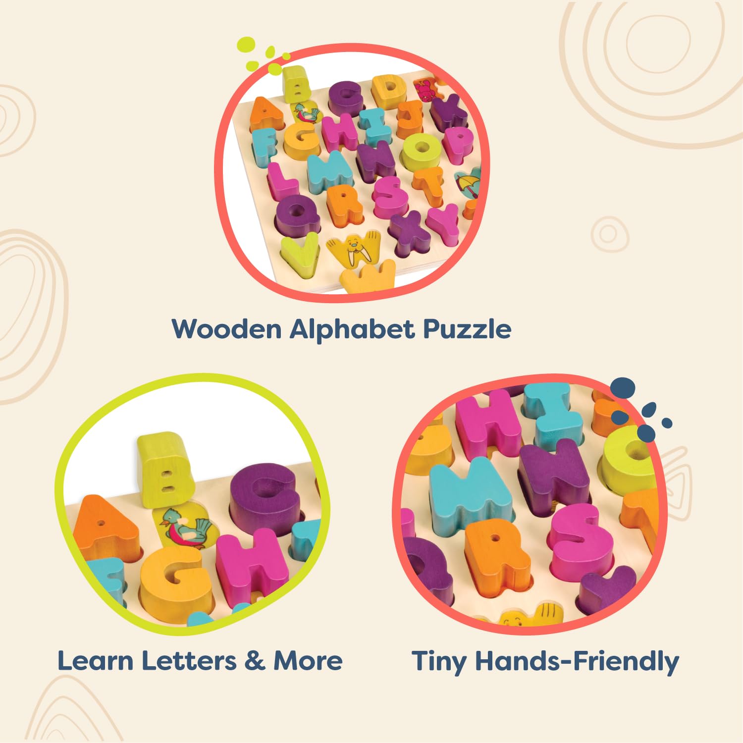 B. toys Alpha B. Tical wooden letters ready for shape sorting practice.