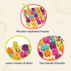 B. toys Alpha B. Tical wooden letters ready for shape sorting practice.