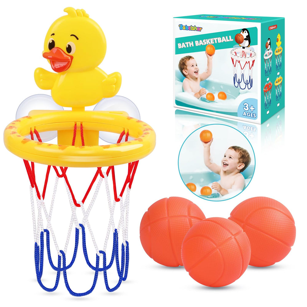 Babelshar bath basketball hoop with yellow duck backboard for engaging bath time play.