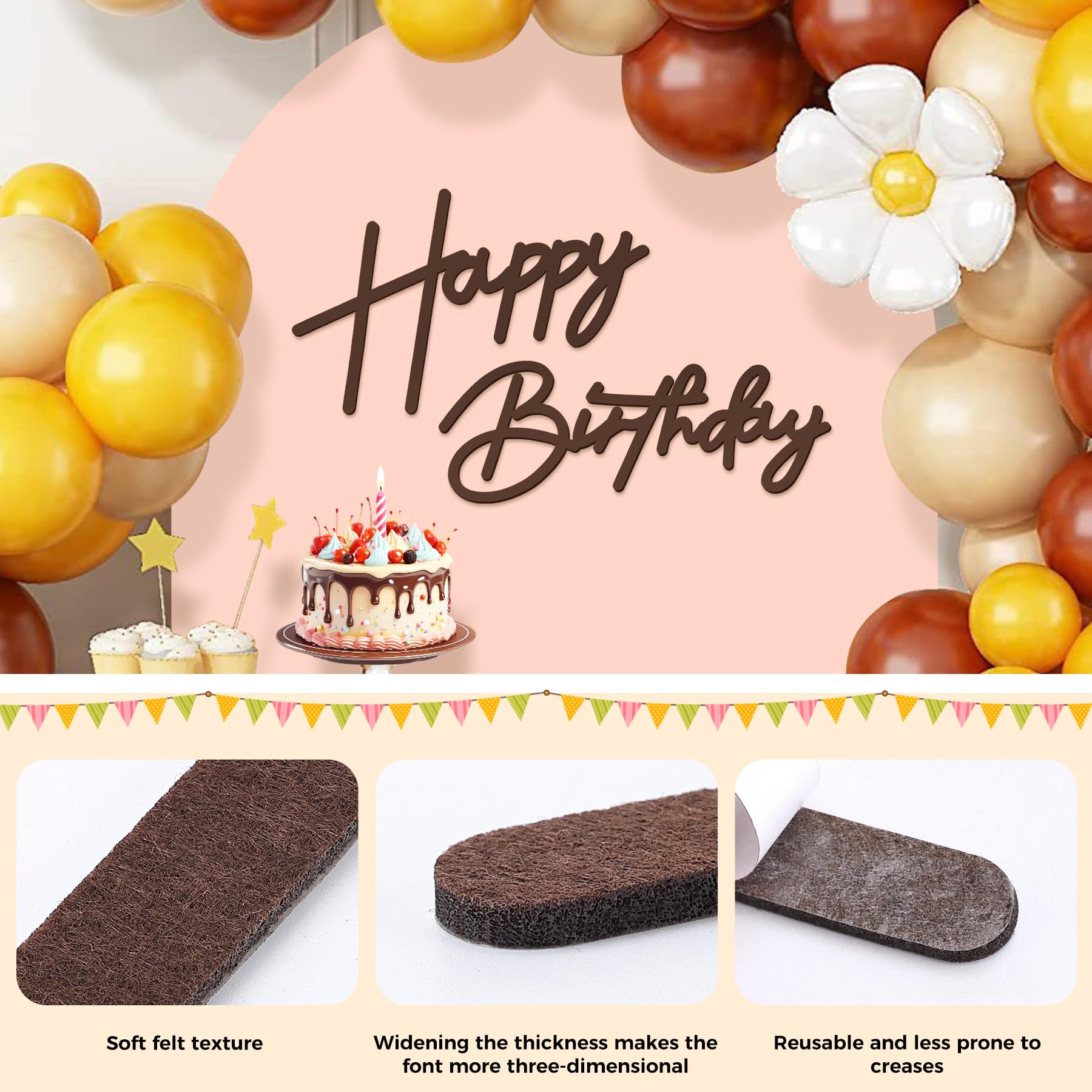 Babenest brown felt backdrop with balloons demonstrates secure 3M-tape adhesion on a wall.