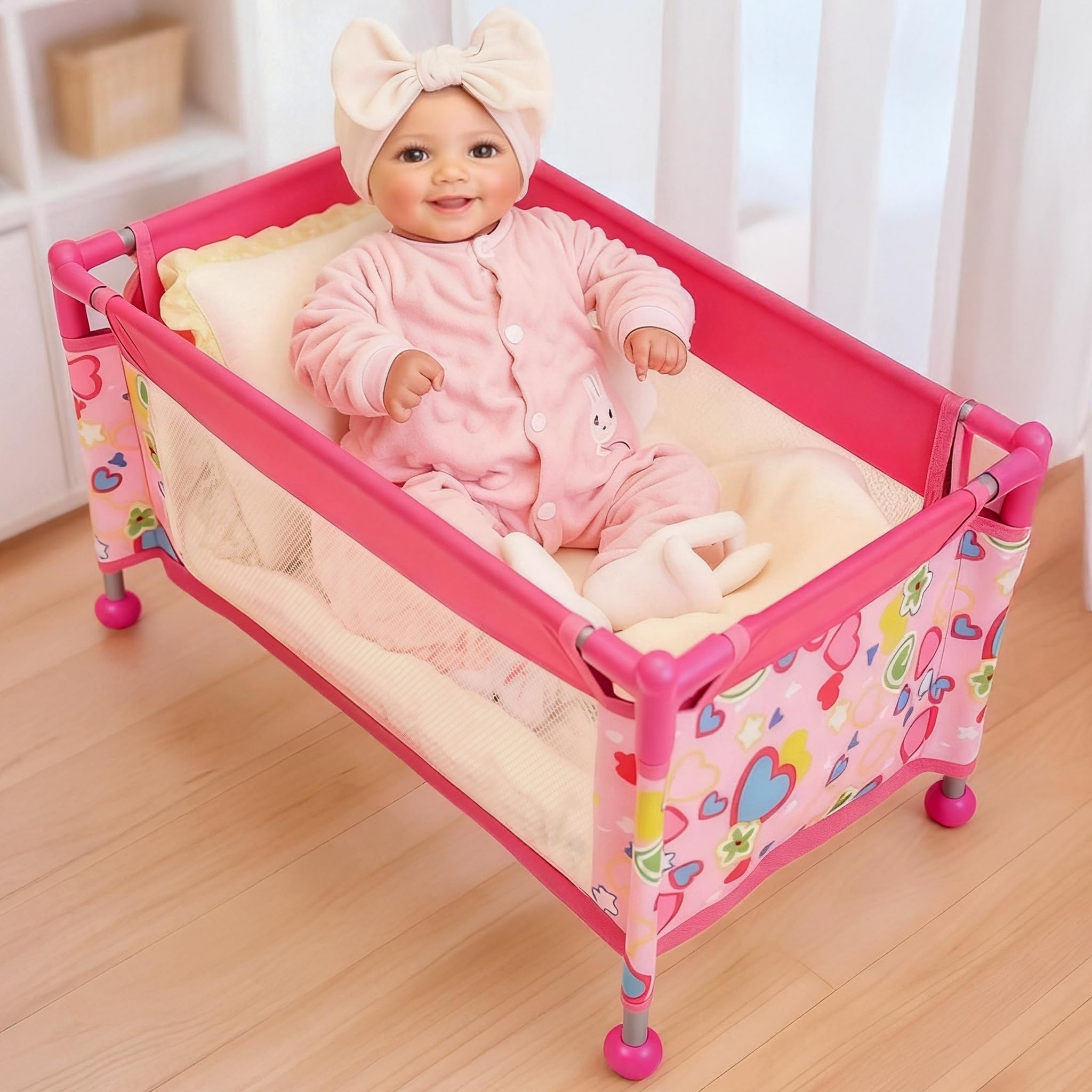 BABESIDE 18-Inch Doll Crib setup demonstrates a stable frame for nap-time play.