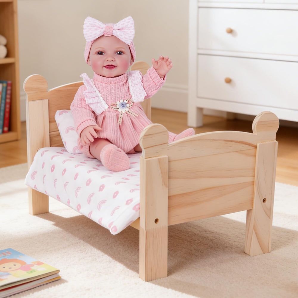 BABESIDE 3 Pcs Baby Doll Crib with Bedding shows easy assembly for 12-16 inch dolls