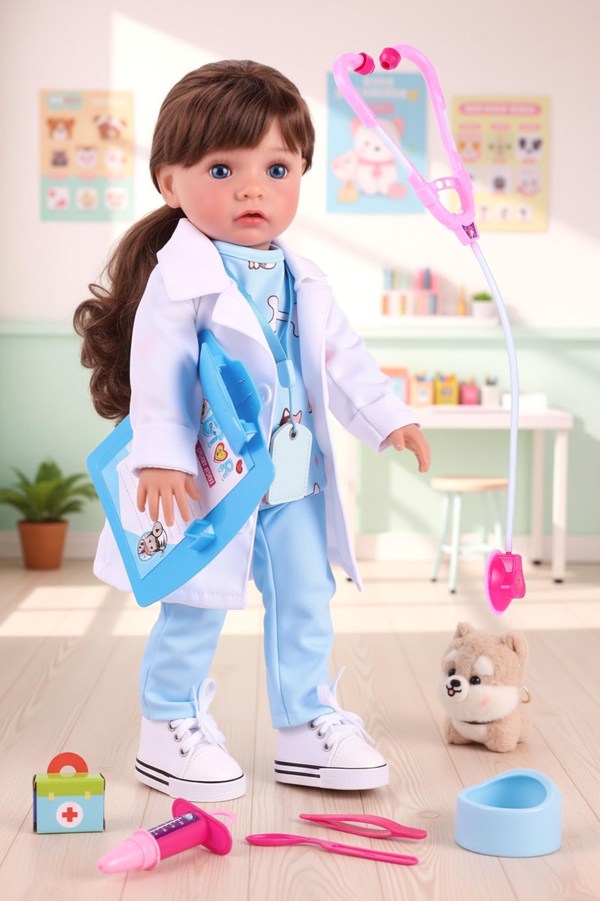 BABESIDE doll with blue eyes and brown ponytail for imaginative pretend play