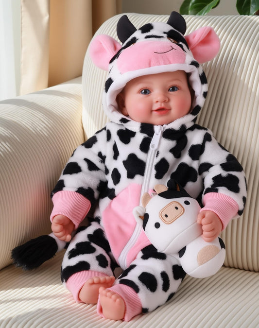 BABESIDE baby doll with cow outfit and blue eyes, ideal for imaginative play